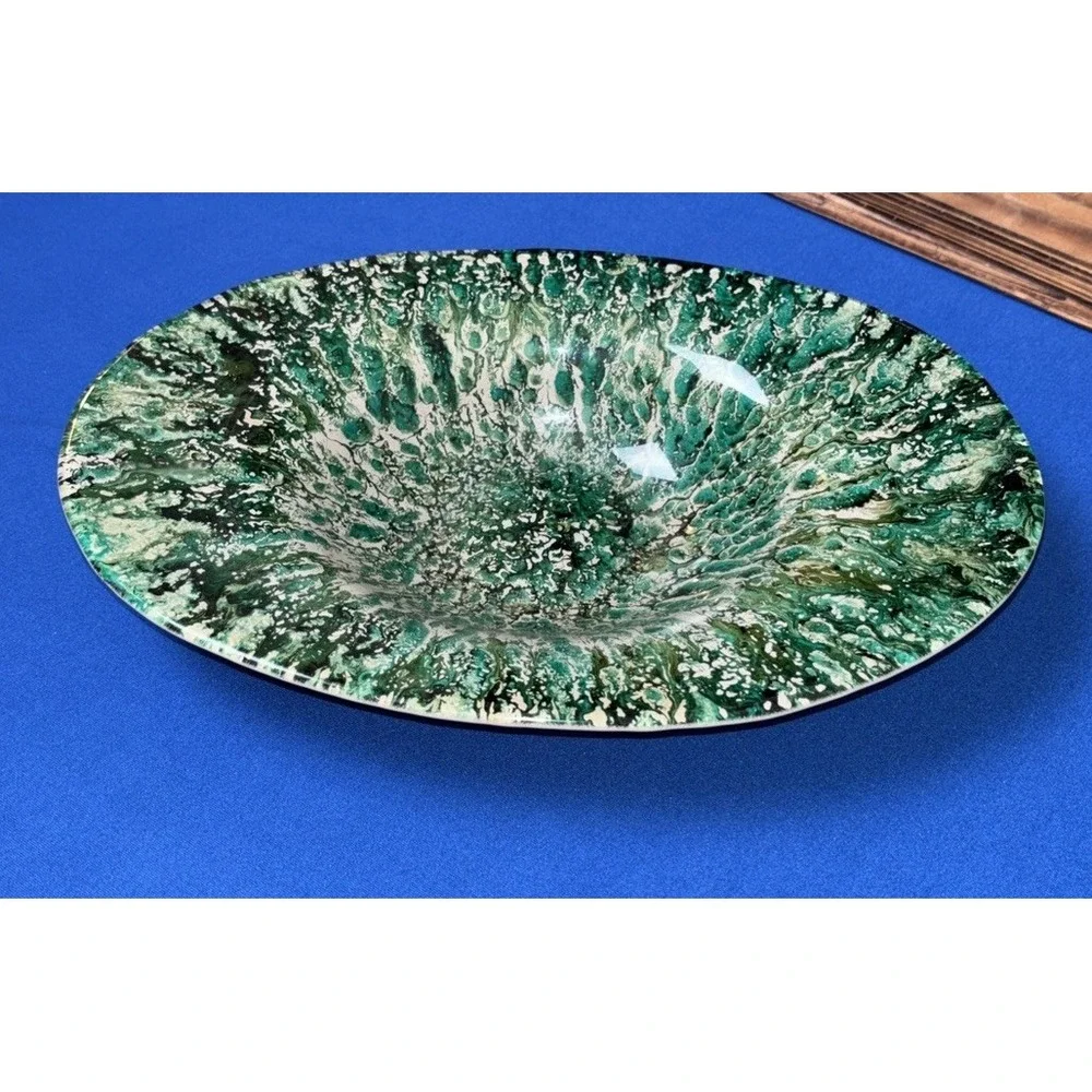 Akcam Turkish Art Glass Green and Beige Splatter print Oval Bowl 11x7.5